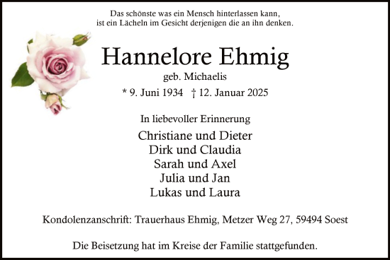 Traueranzeige von Hannelore Ehmig von WA