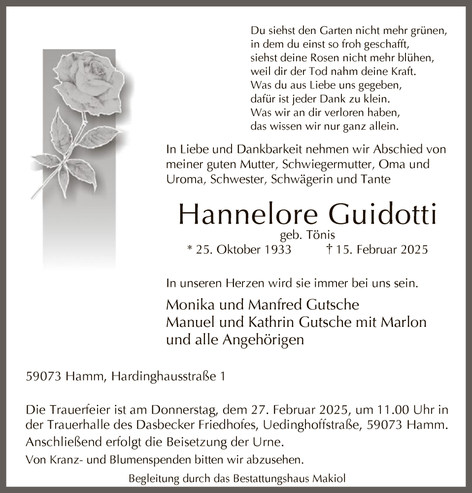  Traueranzeige für Hannelore Guidotti vom 22.02.2025 aus WA