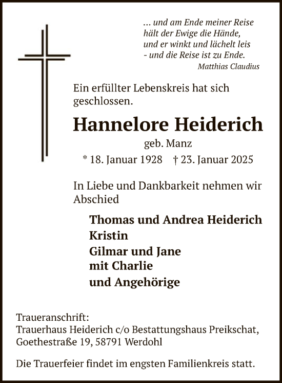 Traueranzeige von Hannelore Heiderich von WA