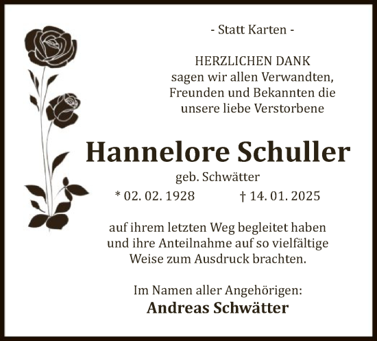 Traueranzeige von Hannelore Schuller von WA