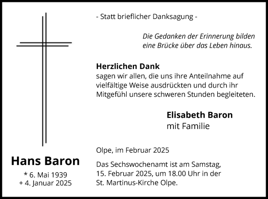 Traueranzeige von Hans Baron von WA