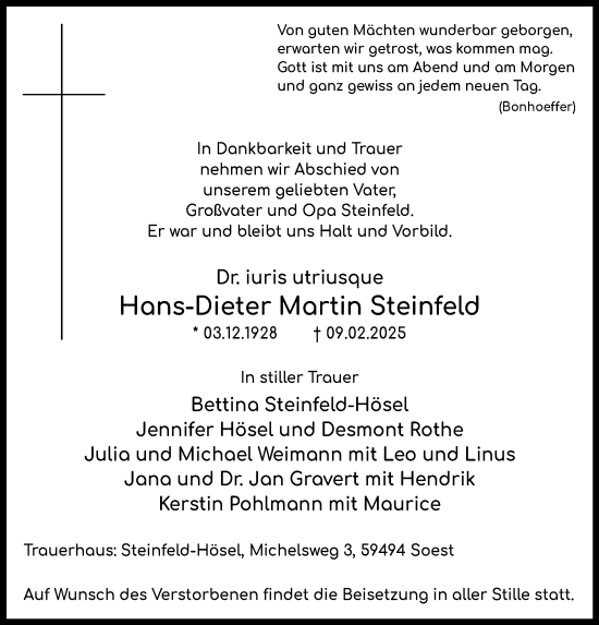Traueranzeige von Hans-Dieter Martin Steinfeld von WA