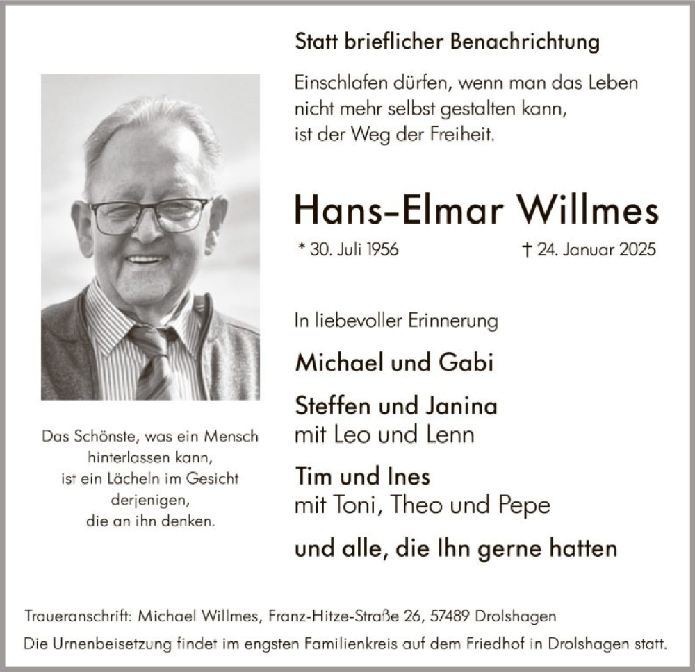  Traueranzeige für Hans-Elmar Willmes vom 01.02.2025 aus WA
