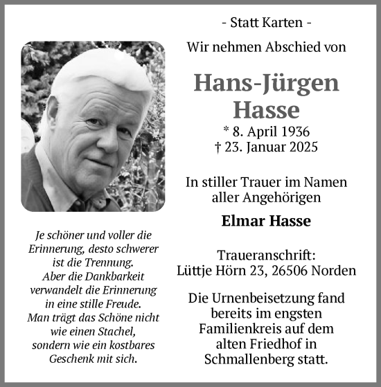 Traueranzeige von Hans-Jürgen Hasse von WA
