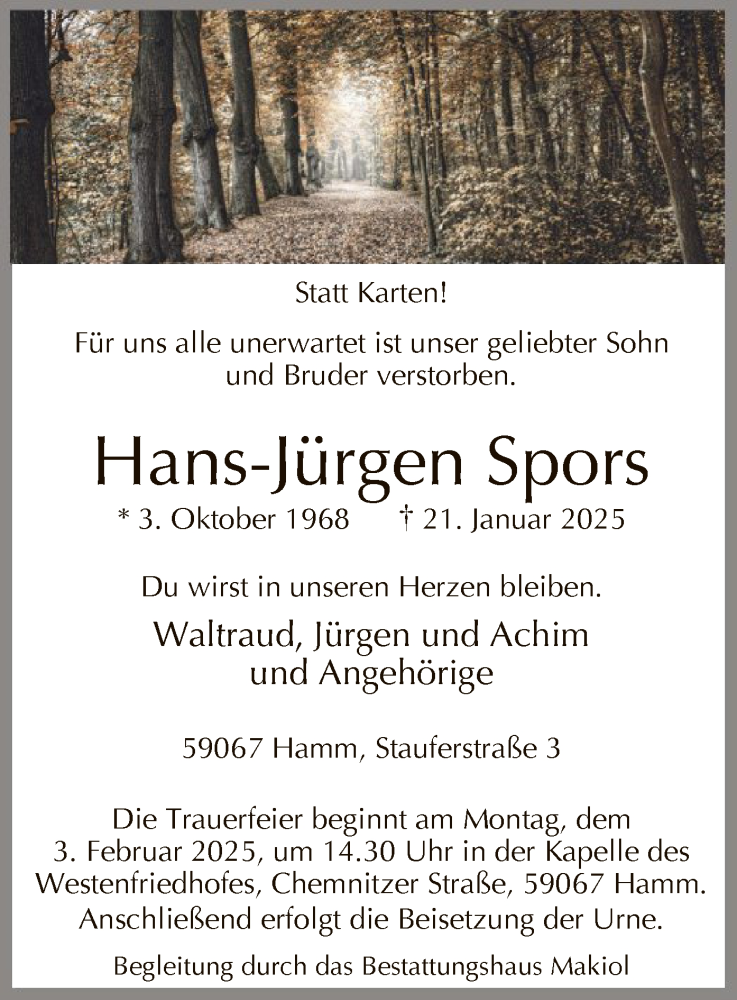  Traueranzeige für Hans-Jürgen Spors vom 01.02.2025 aus WA