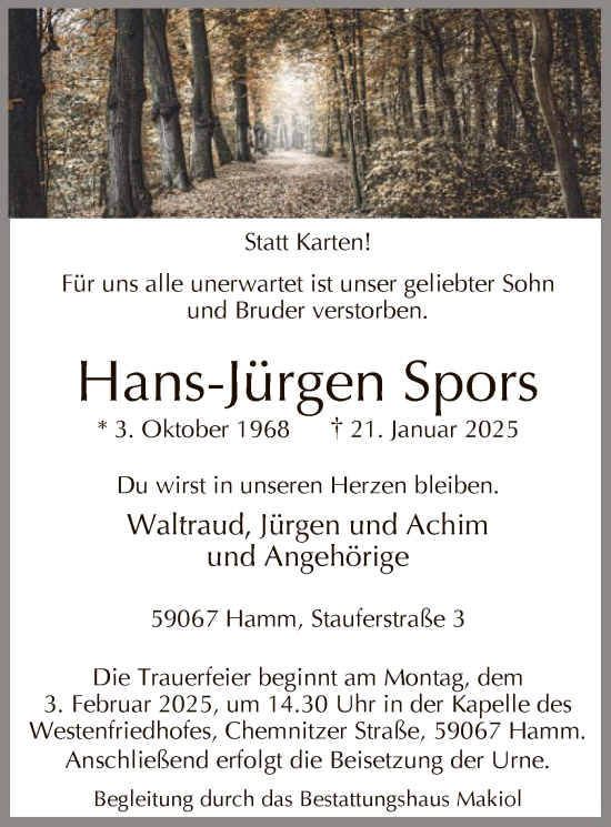 Traueranzeige von Hans-Jürgen Spors von WA