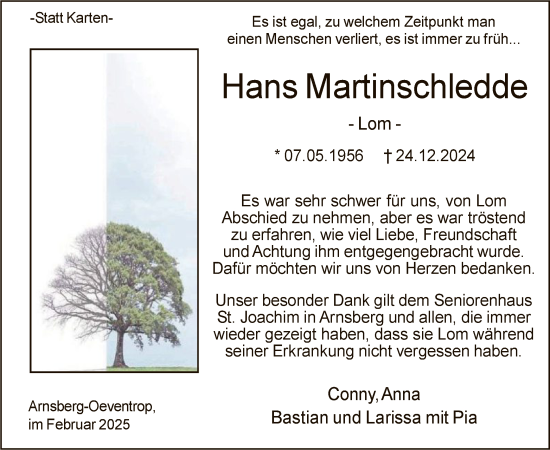 Traueranzeige von Hans Martinschledde von WA