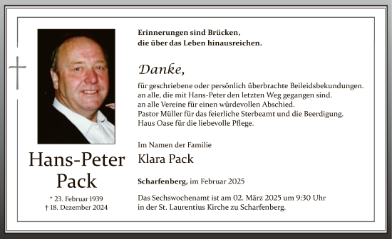 Traueranzeige von Hans-Peter Pack von WA