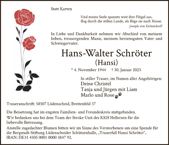 Traueranzeige von Hans-Walter Schröter von WA
