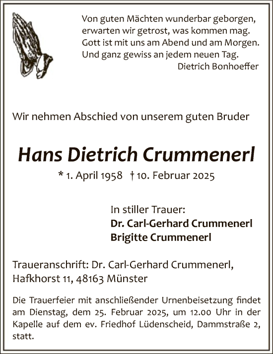 Traueranzeige von Hans Dietrich Crummenerl von WA