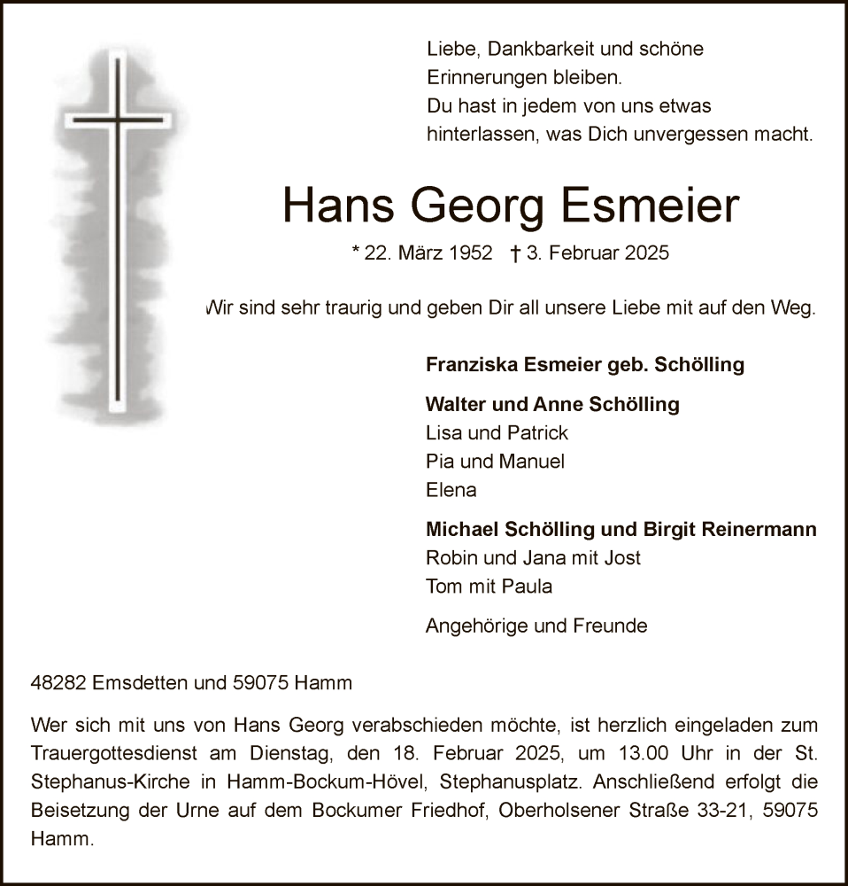  Traueranzeige für Hans Georg Esmeier vom 12.02.2025 aus WA