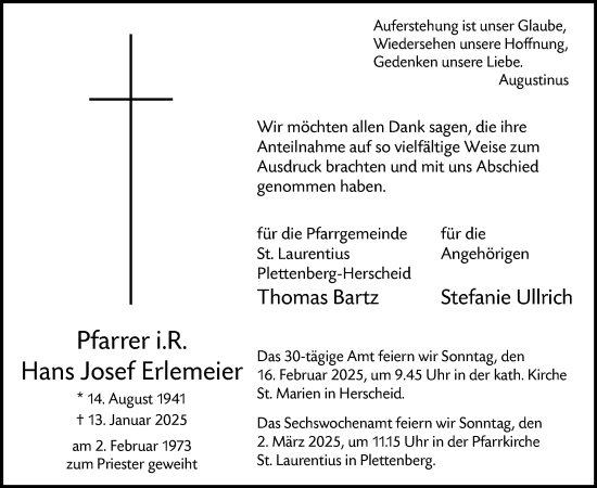 Traueranzeige von Hans Josef Erlemeier von WA