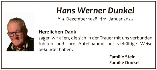 Traueranzeige von Hans Werner Dunkel von WA
