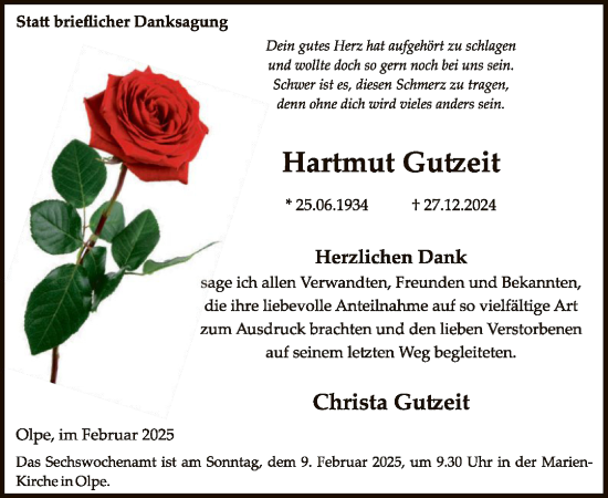 Traueranzeige von Hartmut Gutzeit von WA