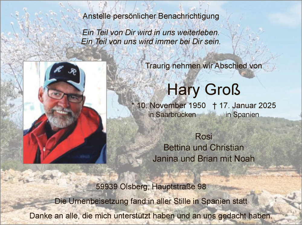 Traueranzeige für Hary Groß vom 08.02.2025 aus WA