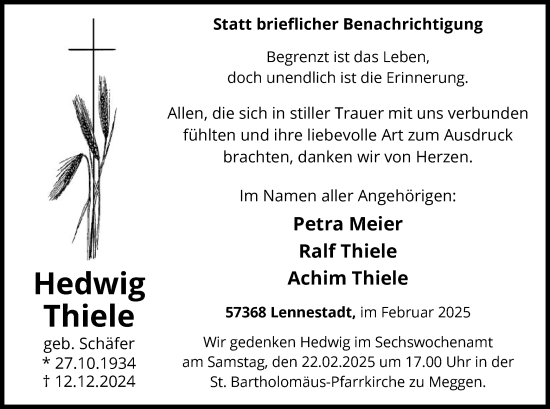 Traueranzeige von Hedwig Thiele von WA