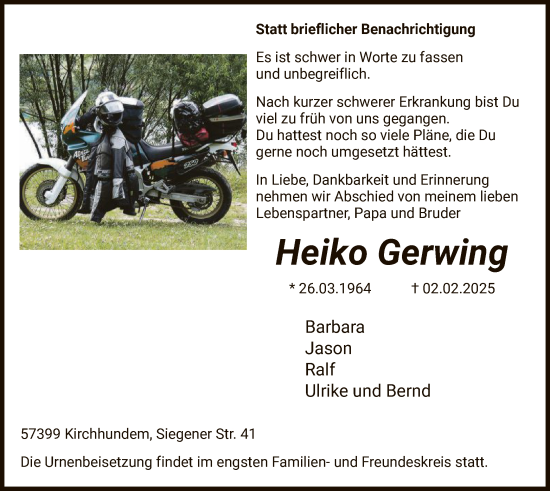 Traueranzeige von Heiko Gerwing von WA
