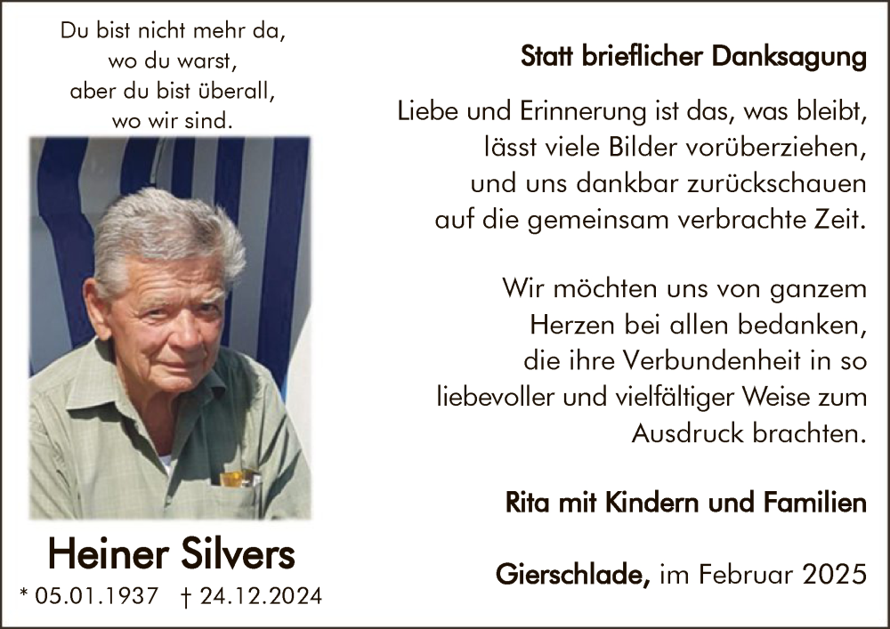  Traueranzeige für Heiner Silvers vom 15.02.2025 aus WA
