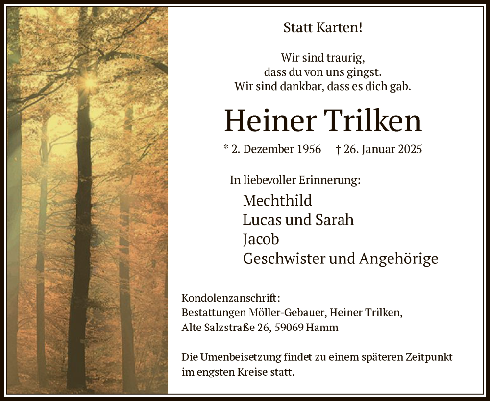  Traueranzeige für Heiner Trilken vom 01.02.2025 aus WA