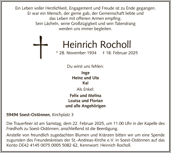 Traueranzeige von Heinrich Rocholl von WA
