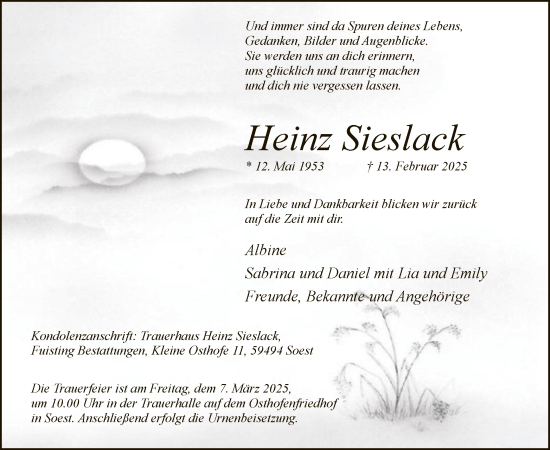 Traueranzeige von Heinz Sieslack von WA