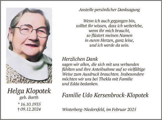 Traueranzeige von Helga Klopotek von WA
