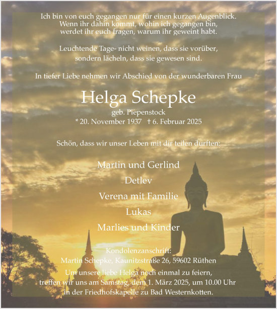 Traueranzeige von Helga Schepke von WA