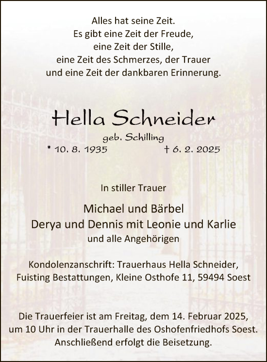 Traueranzeige von Hella Schneider von WA