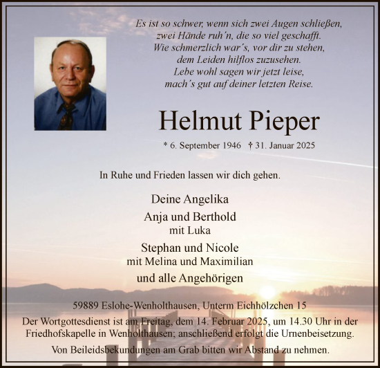 Traueranzeige von Helmut Pieper von WA