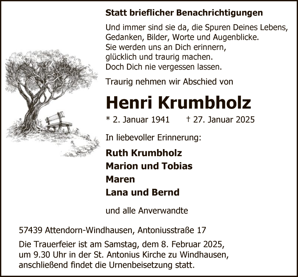  Traueranzeige für Henri Krumbholz vom 01.02.2025 aus WA
