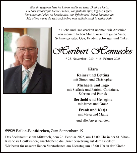 Traueranzeige von Heribert Fennecke von WA