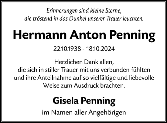 Traueranzeige von Hermann Anton Penning von WA