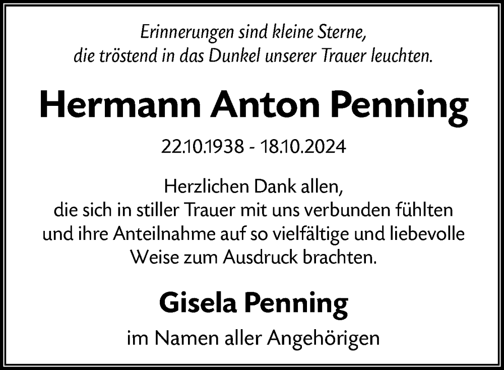  Traueranzeige für Hermann Anton Penning vom 15.02.2025 aus WA