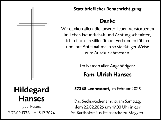 Traueranzeige von Hildegard Hanses von WA