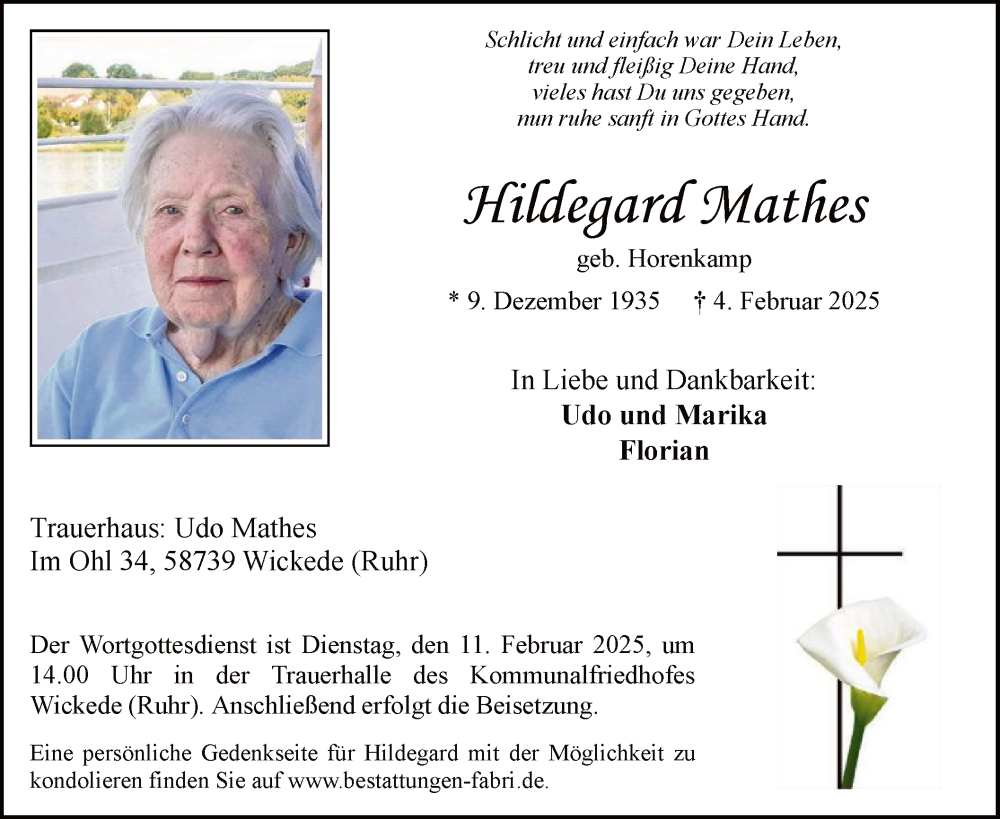  Traueranzeige für Hildegard Mathes vom 08.02.2025 aus WA
