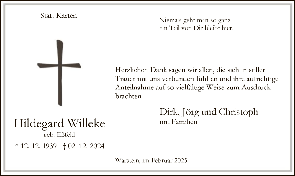  Traueranzeige für Hildegard Willeke vom 01.02.2025 aus WA
