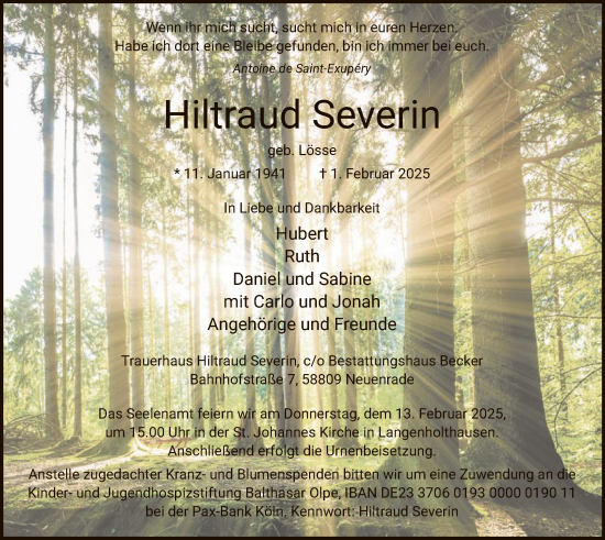 Traueranzeige von Hiltraud Severin von WA