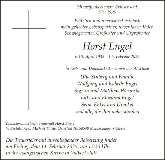 Traueranzeige von Horst Engel von WA