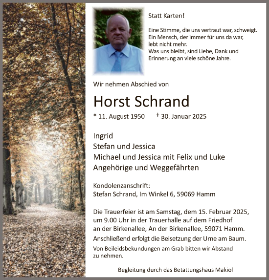 Traueranzeige von Horst Schrand von WA