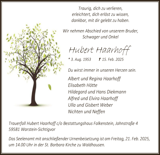 Traueranzeige von Hubert Haarhoff von WA
