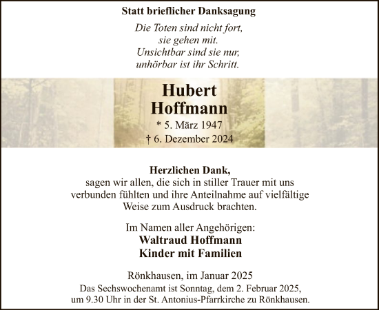 Traueranzeige von Hubert Hoffmann von WA