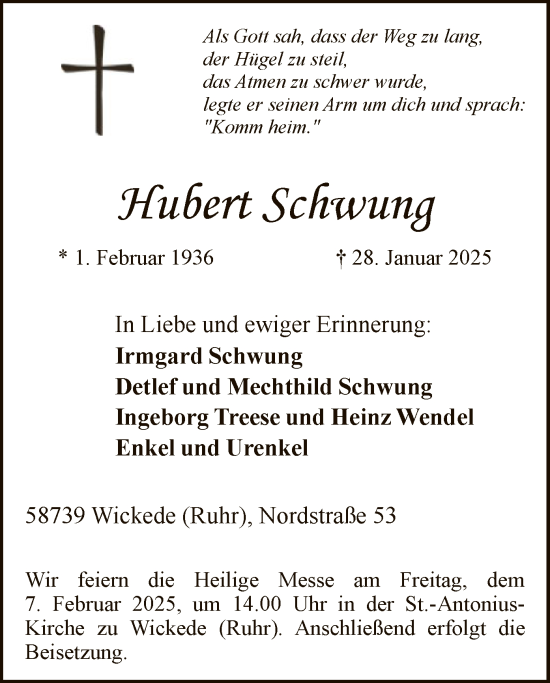 Traueranzeige von Hubert Schwung von WA