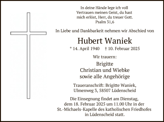 Traueranzeige von Hubert Waniek von WA