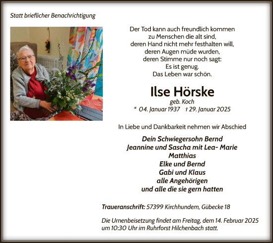 Traueranzeige von Ilse Hörske von WA