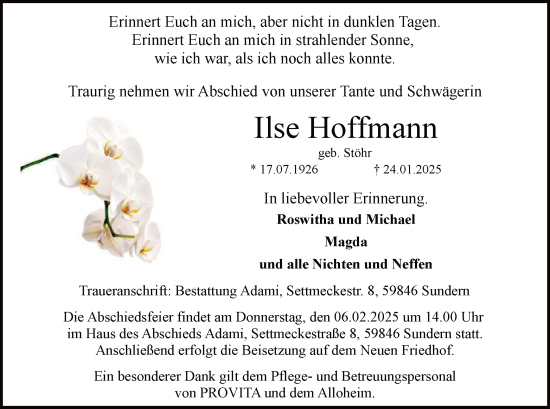 Traueranzeige von Ilse Hoffmann von WA