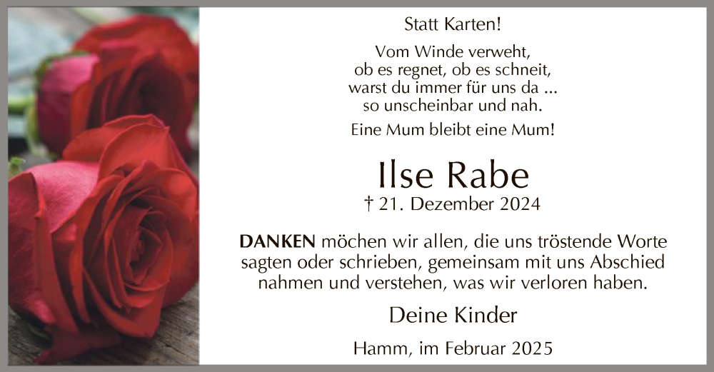  Traueranzeige für Ilse Rabe vom 15.02.2025 aus WA