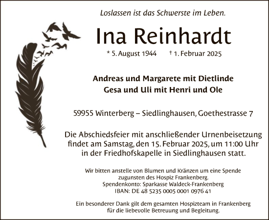 Traueranzeige von Ina Reinhardt von WA