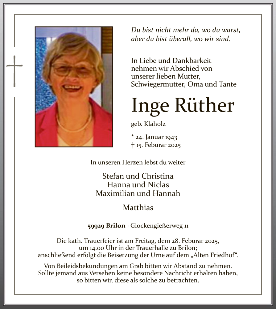  Traueranzeige für Inge Rüther vom 22.02.2025 aus WA
