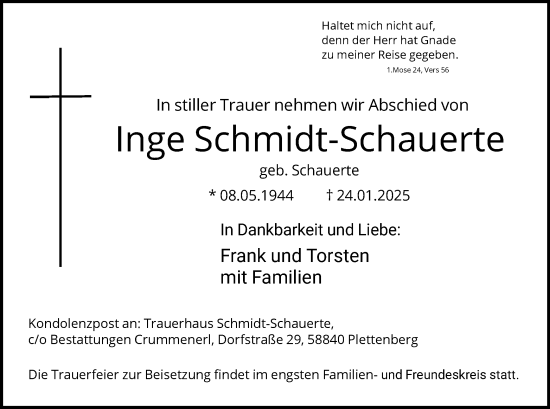 Traueranzeige von Inge Schmidt-Schauerte von WA