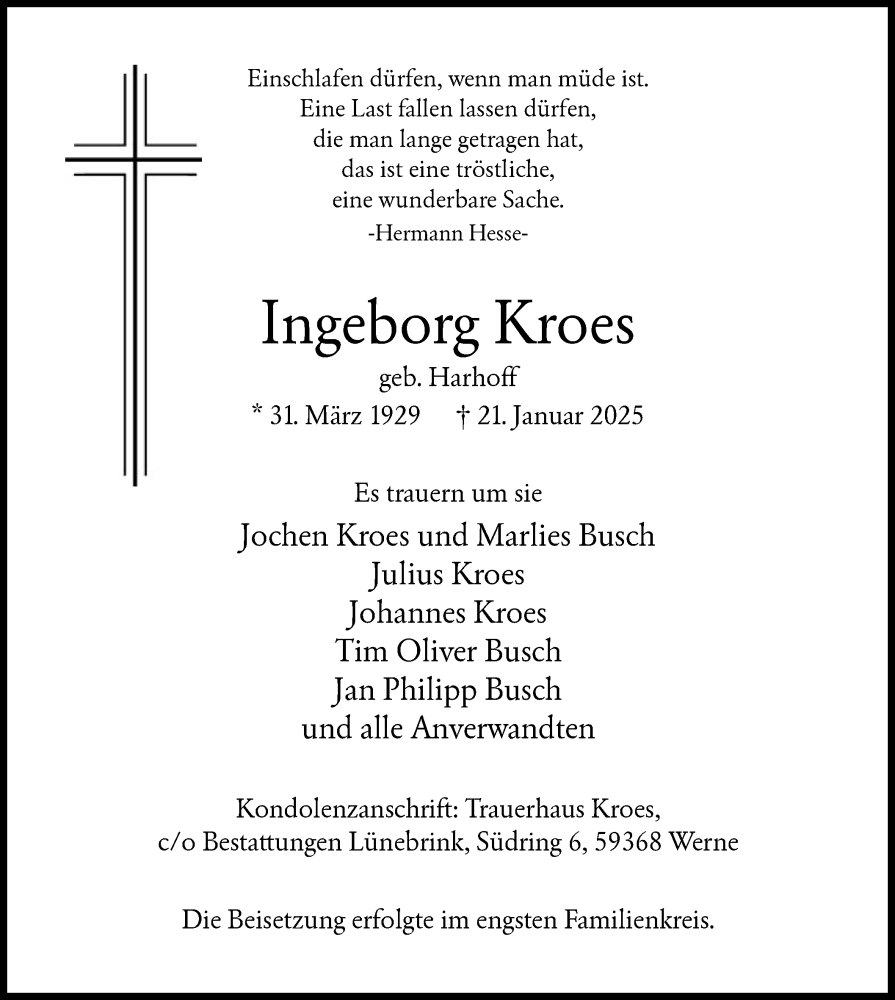  Traueranzeige für Ingeborg Kroes vom 01.02.2025 aus WA